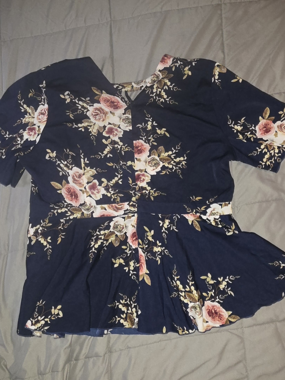 SHEIN Navy Floral Peplum Blouse with Rose Print